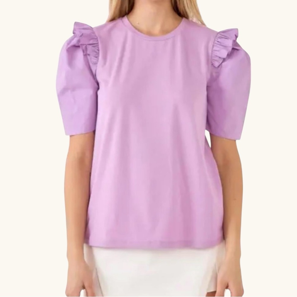 English Factory Mini Ruffle Puff Sleeve Top Tee Size S Lavender Poplin Combo